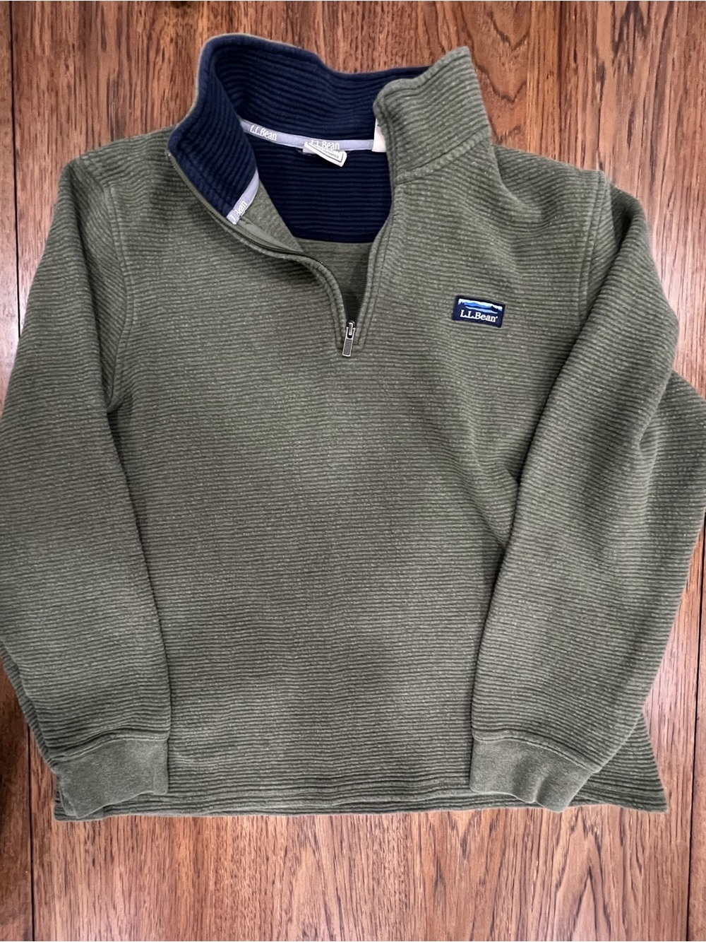 L.L. Bean Men's Olive Green Half-Zip Sweater with Navy Collar